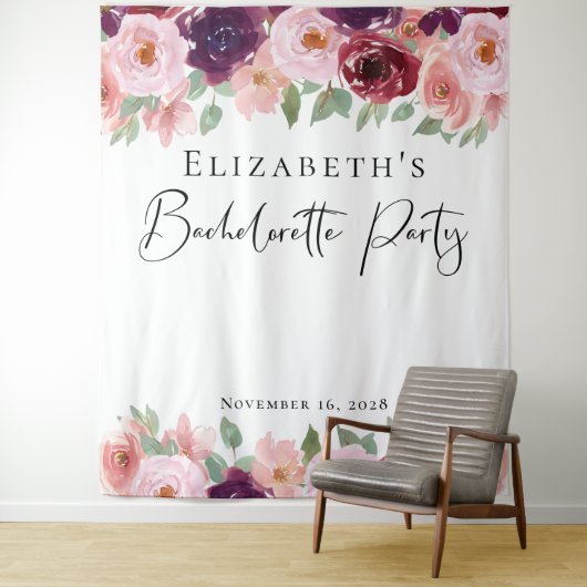 Bachelorette Floral Waterverf Burgundy Blush Wandkleed (In situ)