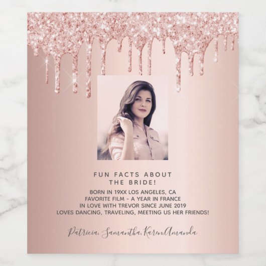 Bachelorette foto roze gouden glitters leuk feiten wijn etiket (Enkel label)