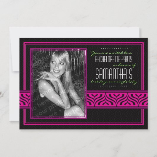 Bachelorette Foto-uitnodiging (zwart & roze) Kaart (Voorkant)