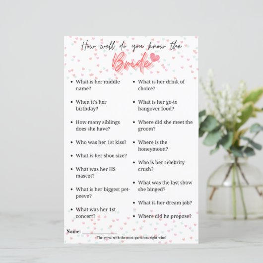 Bachelorette Game "Hoe goed ken je de bruid?" (Staand voorkant)