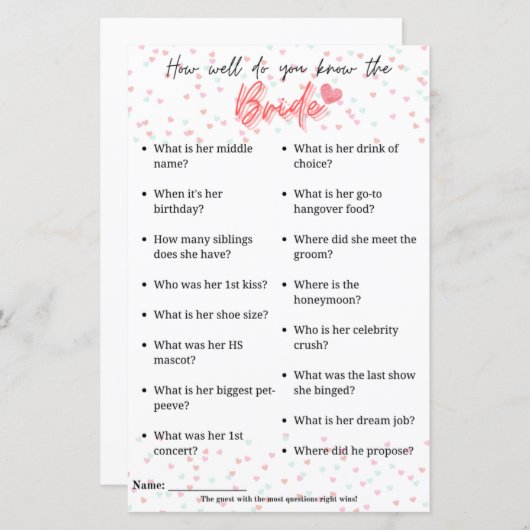 Bachelorette Game "Hoe goed ken je de bruid?" (Voorkant / Achterkant)