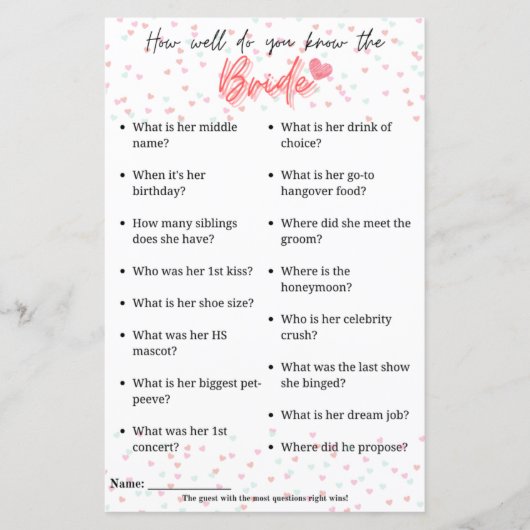Bachelorette Game "Hoe goed ken je de bruid?" (Voorkant)