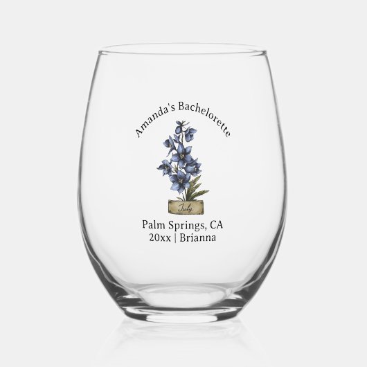 Bachelorette Geboortemaand Bloem Juli Larkspur Wijnglas Zonder Voet (Achterkant)