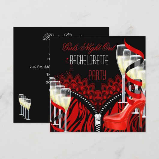 Bachelorette Girls Night Out Red Zebra Champagne Kaart (Voorkant / Achterkant)
