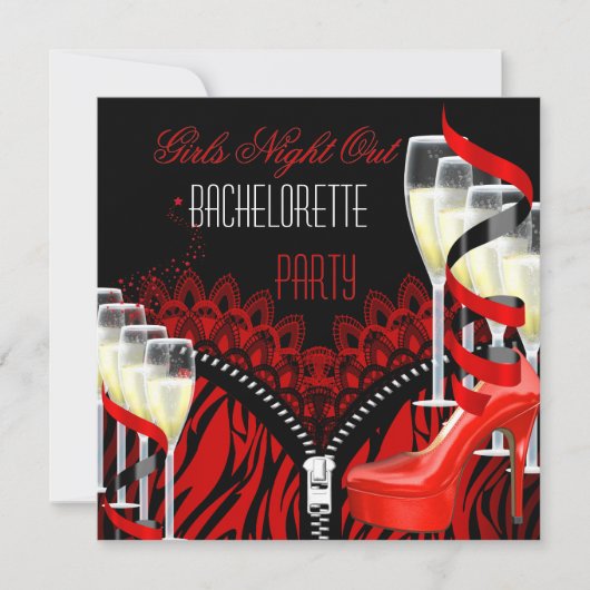 Bachelorette Girls Night Out Red Zebra Champagne Kaart (Voorkant)