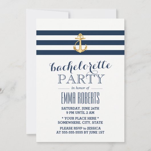 Bachelorette Gold Anchor Navy Stripes Nautical Kaart (Voorkant)