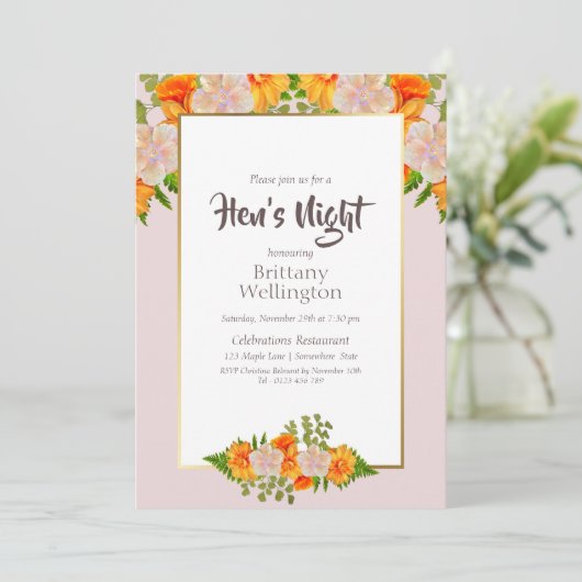 Bachelorette Hen's Night Gold Blush Pink Floral Kaart (Staand voorkant)