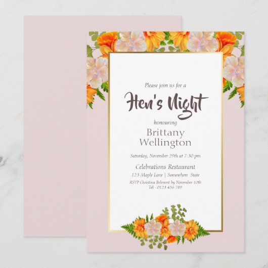 Bachelorette Hen's Night Gold Blush Pink Floral Kaart (Voorkant / Achterkant)