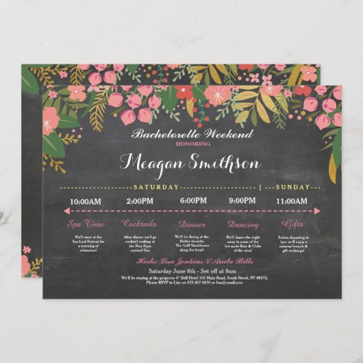 Bachelorette Itinerary Coral & Gold Chalk Invite Programmakaart (Voorkant / Achterkant)