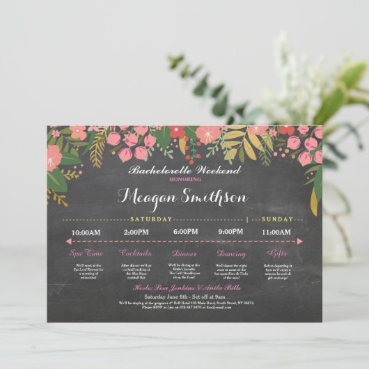 Bachelorette Itinerary Coral & Gold Chalk Invite Programmakaart (Staand voorkant)