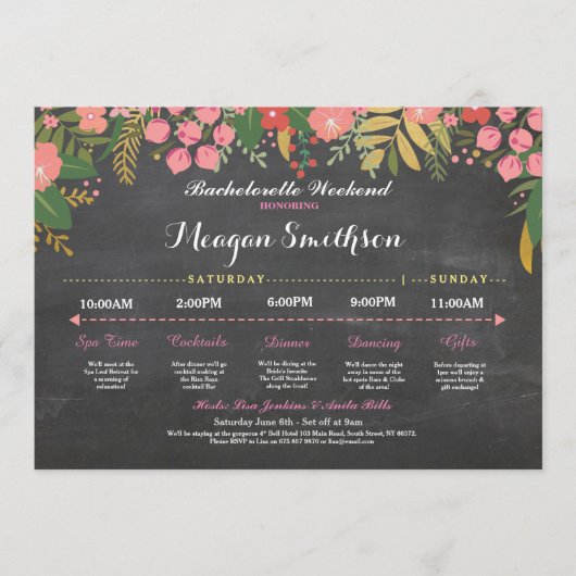 Bachelorette Itinerary Coral & Gold Chalk Invite Programmakaart (Voorkant)