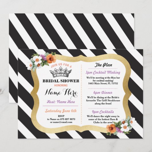 Bachelorette Itinerary Floral Stripe Black & Gold  Kaart (Voorkant / Achterkant)