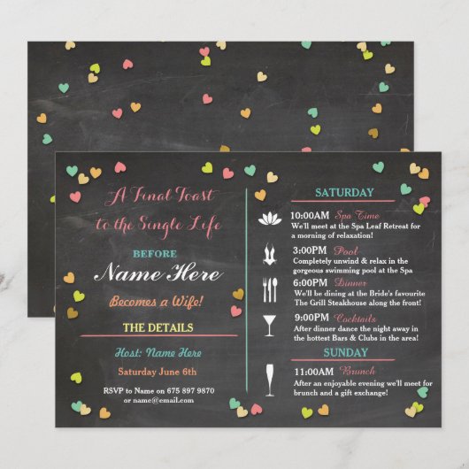 Bachelorette Itinerary Weekend Hen Vrijgezellenfee Programmakaart (Voorkant / Achterkant)