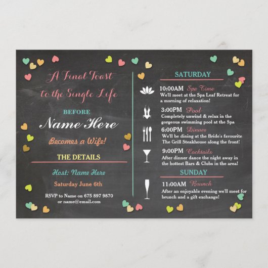 Bachelorette Itinerary Weekend Hen Vrijgezellenfee Programmakaart (Voorkant)