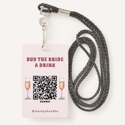Bachelorette Koop The Bride A Drink QR-code Badge (Achterkant met draagriem)