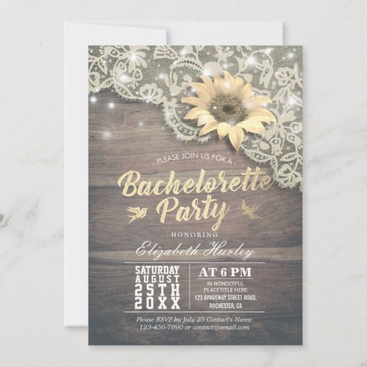 Bachelorette Lace Sunflower Barn Wood Lichten Kaart (Voorkant)