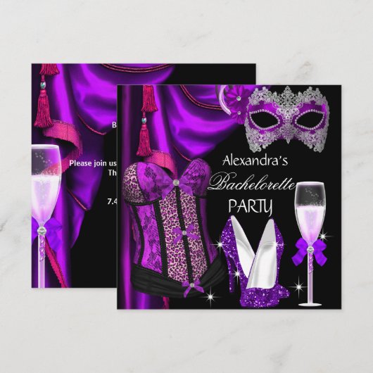 Bachelorette Leopard Paarse Maskaak Champagne Kaart (Voorkant / Achterkant)