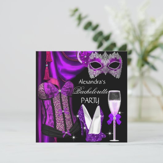 Bachelorette Leopard Paarse Maskaak Champagne Kaart (Staand voorkant)