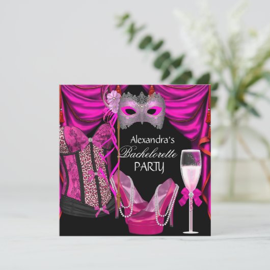 Bachelorette Leopard Pink Masquerade Champagne Kaart (Staand voorkant)