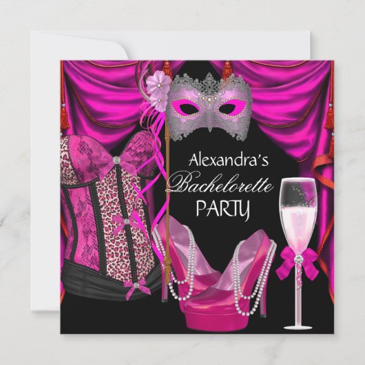 Bachelorette Leopard Pink Masquerade Champagne Kaart (Voorkant)
