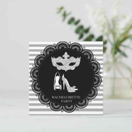 BACHELORETTE MASQUERADE PARTIJ ZWART STRIPE KAART (Staand voorkant)