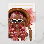 Bachelorette met rode en goudinkt folie uitnodiging (Voorkant)