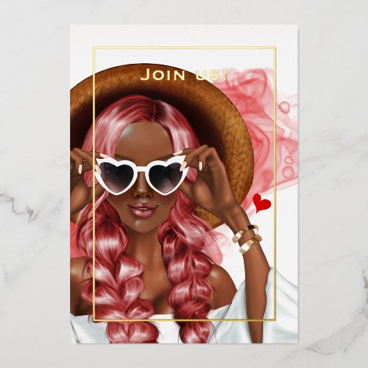 Bachelorette met rode en goudinkt folie uitnodiging (Voorkant)