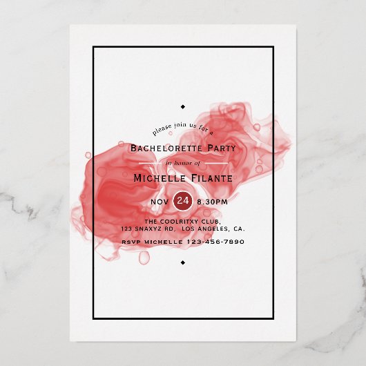 Bachelorette met rode en goudinkt folie uitnodiging (Achterkant)