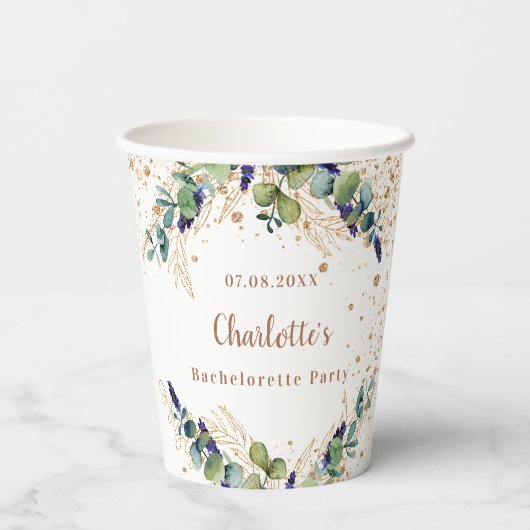 Bachelorette-naam eucalyptus glitter papieren bekers (Achterkant)