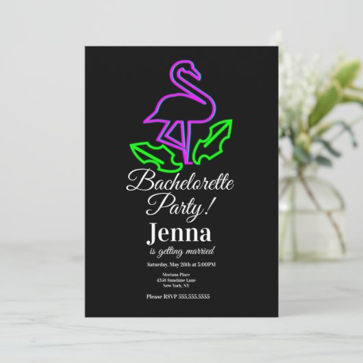Bachelorette Neon Flamingo Tropical Vrijgezellenfe Kaart (Staand voorkant)