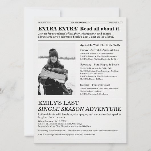 Bachelorette Newspaper Last Toast On The Slopes  Kaart (Achterkant)