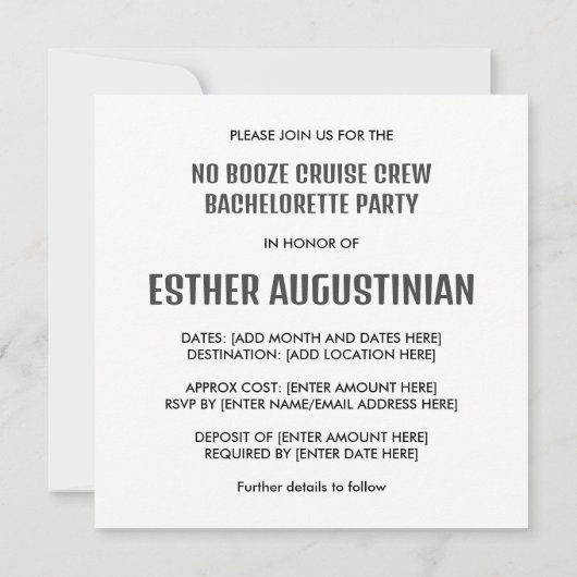 Bachelorette NO BOOZE CRUISE CREW Bestemming Kaart (Achterkant)