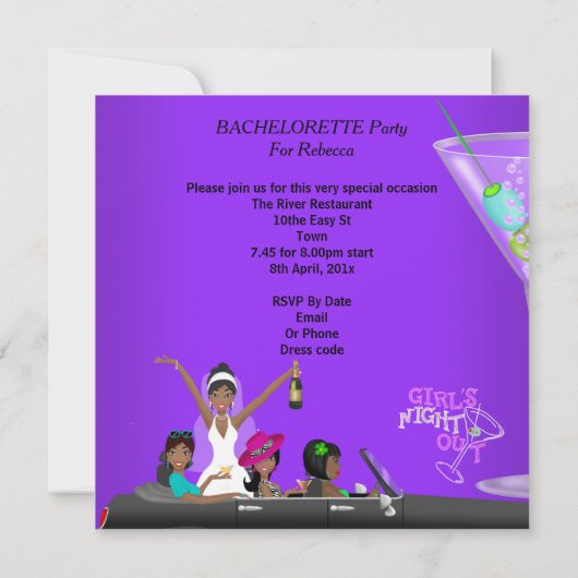 Bachelorette Paarse Fun Limo Car Cocktails Kaart (Achterkant)