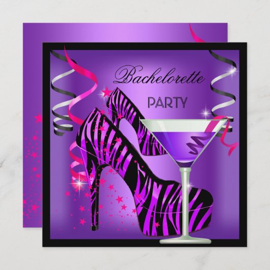 Bachelorette Paarse roze Zebra cocktail Kaart (Voorkant / Achterkant)