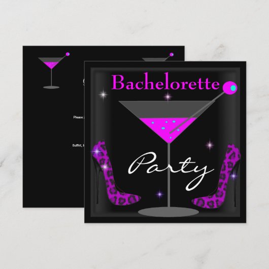Bachelorette Paarse Roze Zwarte Martini Schoenen Kaart (Voorkant / Achterkant)