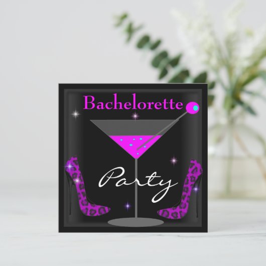 Bachelorette Paarse Roze Zwarte Martini Schoenen Kaart (Staand voorkant)