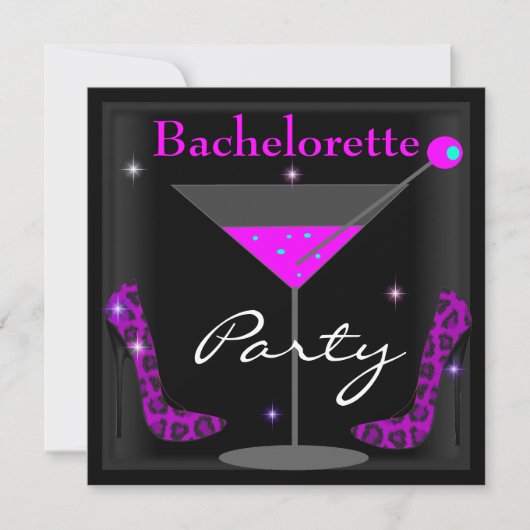 Bachelorette Paarse Roze Zwarte Martini Schoenen Kaart (Voorkant)