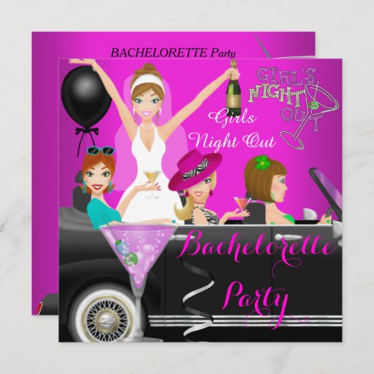 Bachelorette Partij roze vun limo auto Cocktails 1 Kaart (Voorkant / Achterkant)