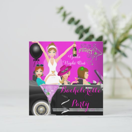 Bachelorette Partij roze vun limo auto Cocktails 1 Kaart (Staand voorkant)