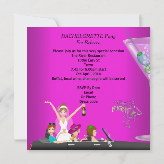 Bachelorette Partij roze vun limo auto Cocktails 1 Kaart (Achterkant)