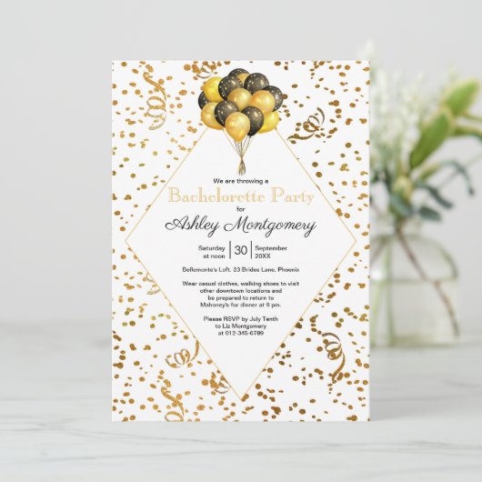 Bachelorette Party Balloon Gold Confetti Streamers Kaart (Staand voorkant)