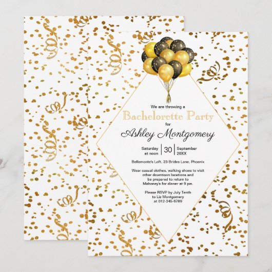 Bachelorette Party Balloon Gold Confetti Streamers Kaart (Voorkant / Achterkant)