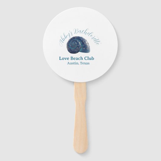 Bachelorette party beach club blue sea shell name  handwaaier (Voorkant)