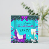 Bachelorette Party Blauwgroen Paarse hiel Champagn Kaart (Staand voorkant)