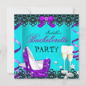 Bachelorette Party Blauwgroen Paarse hiel Champagn Kaart (Voorkant)