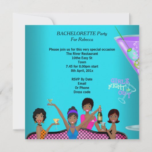 Bachelorette Party Blauwgroen roze vun Girls Cockt Kaart (Achterkant)