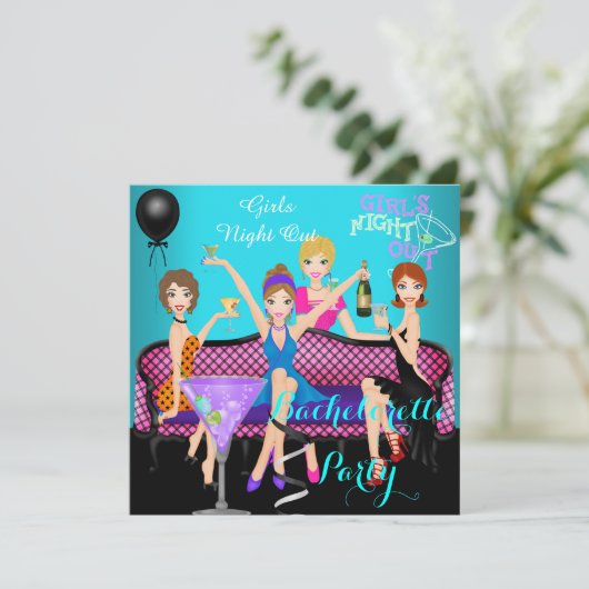 Bachelorette Party Blauwgroen roze vun Girls Cockt Kaart (Staand voorkant)