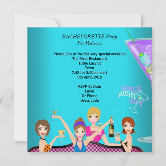 Bachelorette Party Blauwgroen roze vun Girls Cockt Kaart (Achterkant)