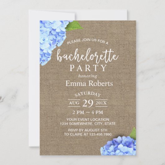 Bachelorette Party Blue Hydrangea Rustic Burlap Kaart (Voorkant)