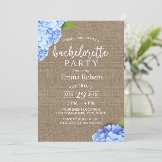 Bachelorette Party Blue Hydrangea Rustic Burlap Kaart (Staand voorkant)